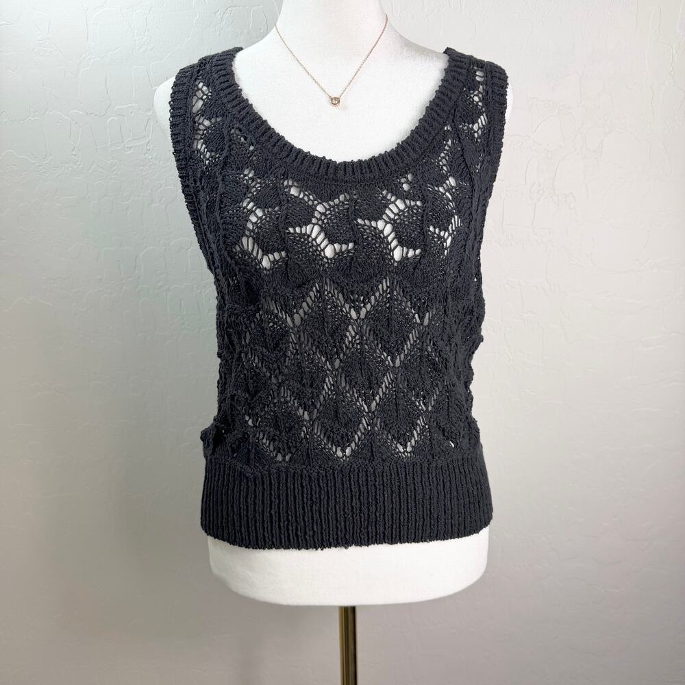 New Ramy Brook Tatiana Black Open Knit Crochet Sweater Tank Top Size S